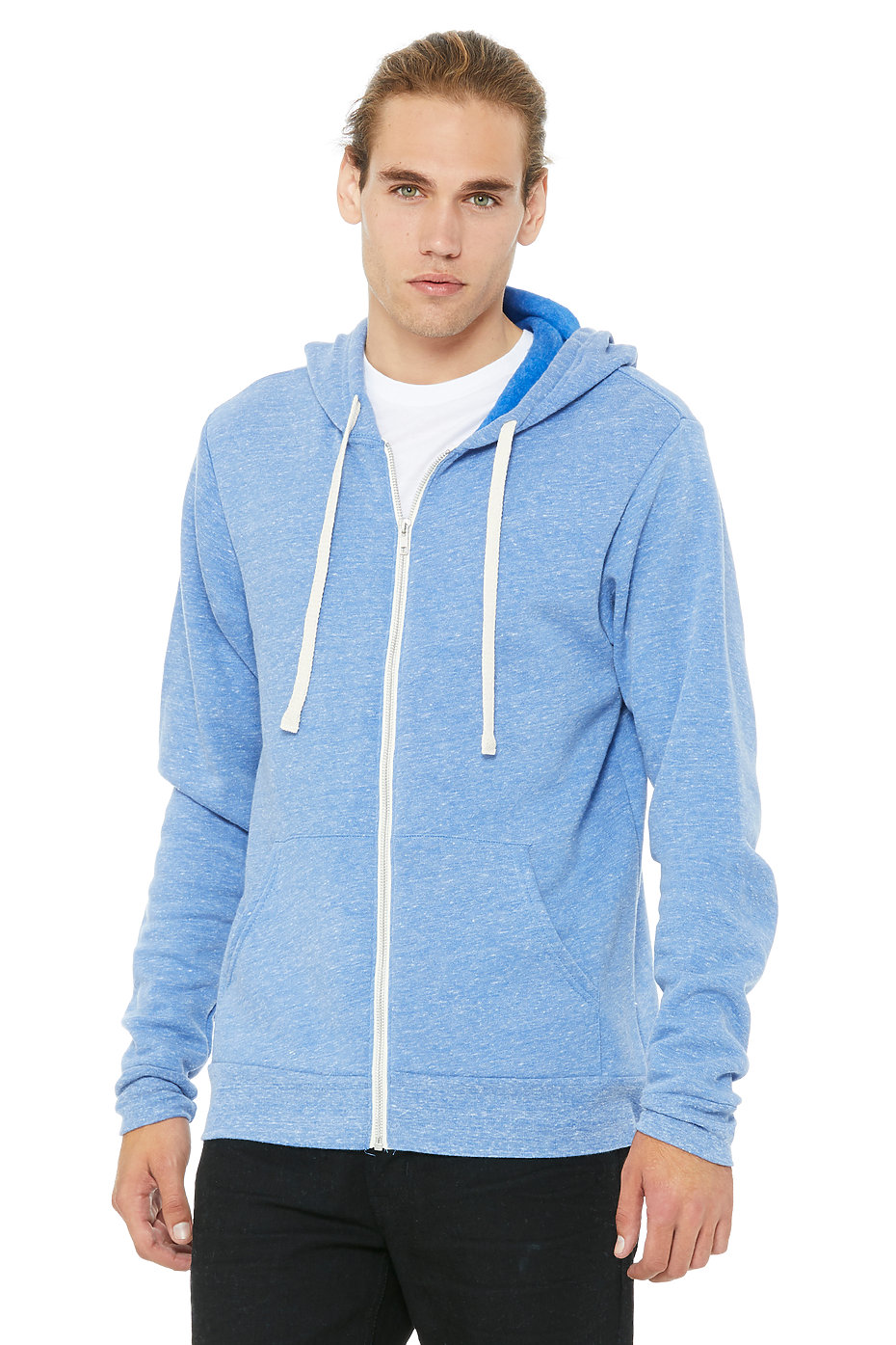 Sky Blue Heather Full Zip Hooded Tri-Blend Fleece Sweatshirt - Made in USA