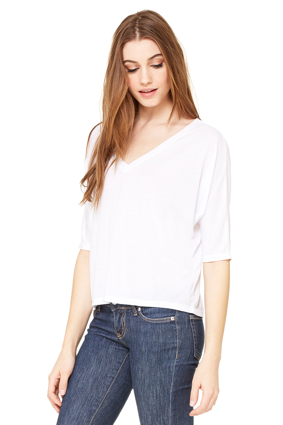 Women's Flowy Half-Sleeve Cropped V-Neck Tee | Bella-Canvas